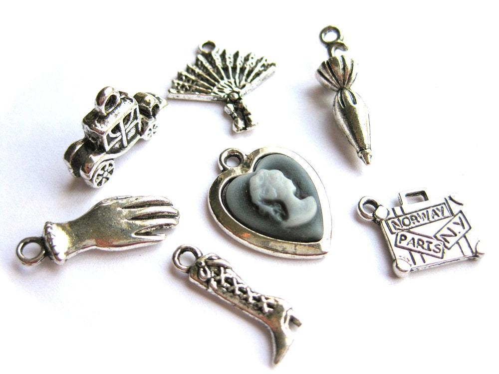 Victorian Silver Metal Charms-Downton Abbey-heart silhouette cameo, lady's boot and glove, motorcar, fan, parasol, tagged luggage-Lot of 7