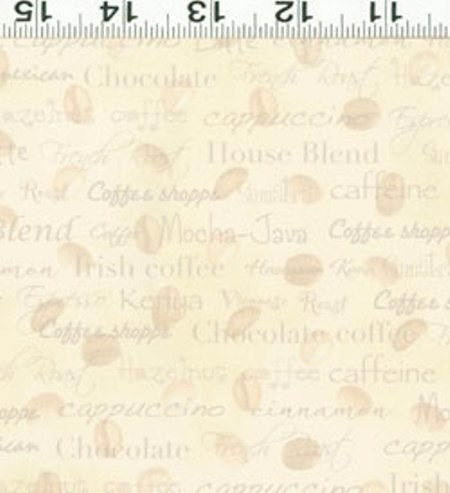 ZIPPY JAVA  by the 1/2 yard cream tonal coffee beans words cotton Fabric by Clothworks