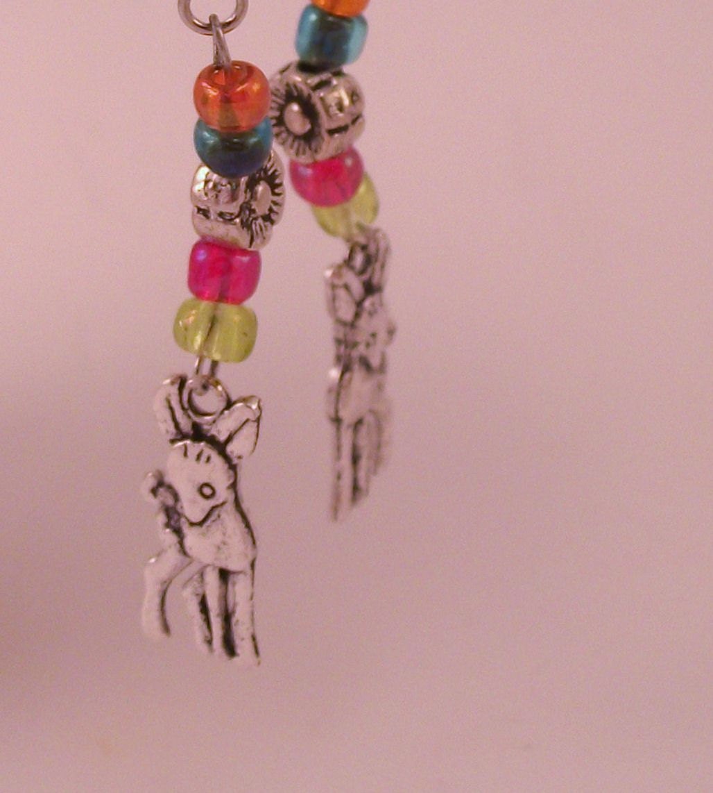 Oh my Deer, dear Earrings silver charm, precious rainbow beaded earrings & free ship
