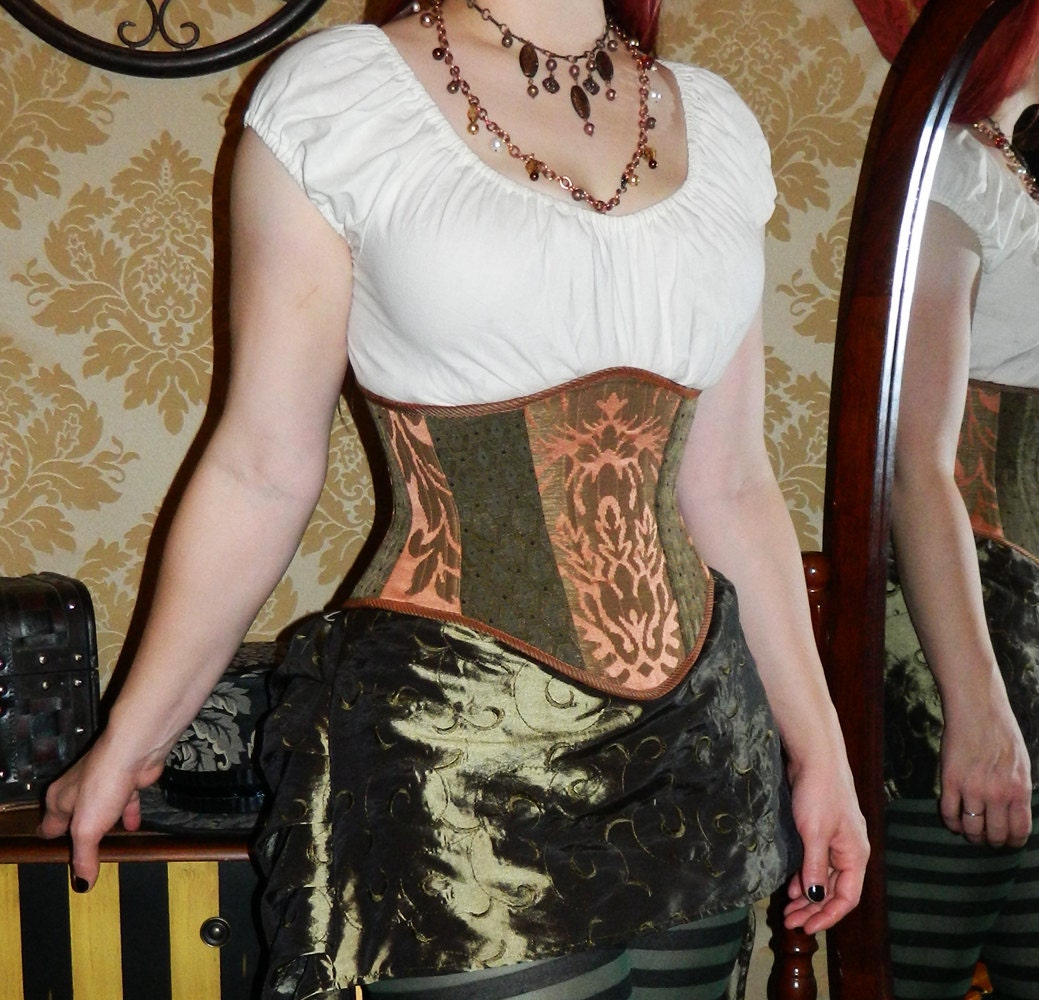 Patchwork Victorian Steampunk Waspie Corset - Deluxe - Terracotta & Olive - Custom Sized
