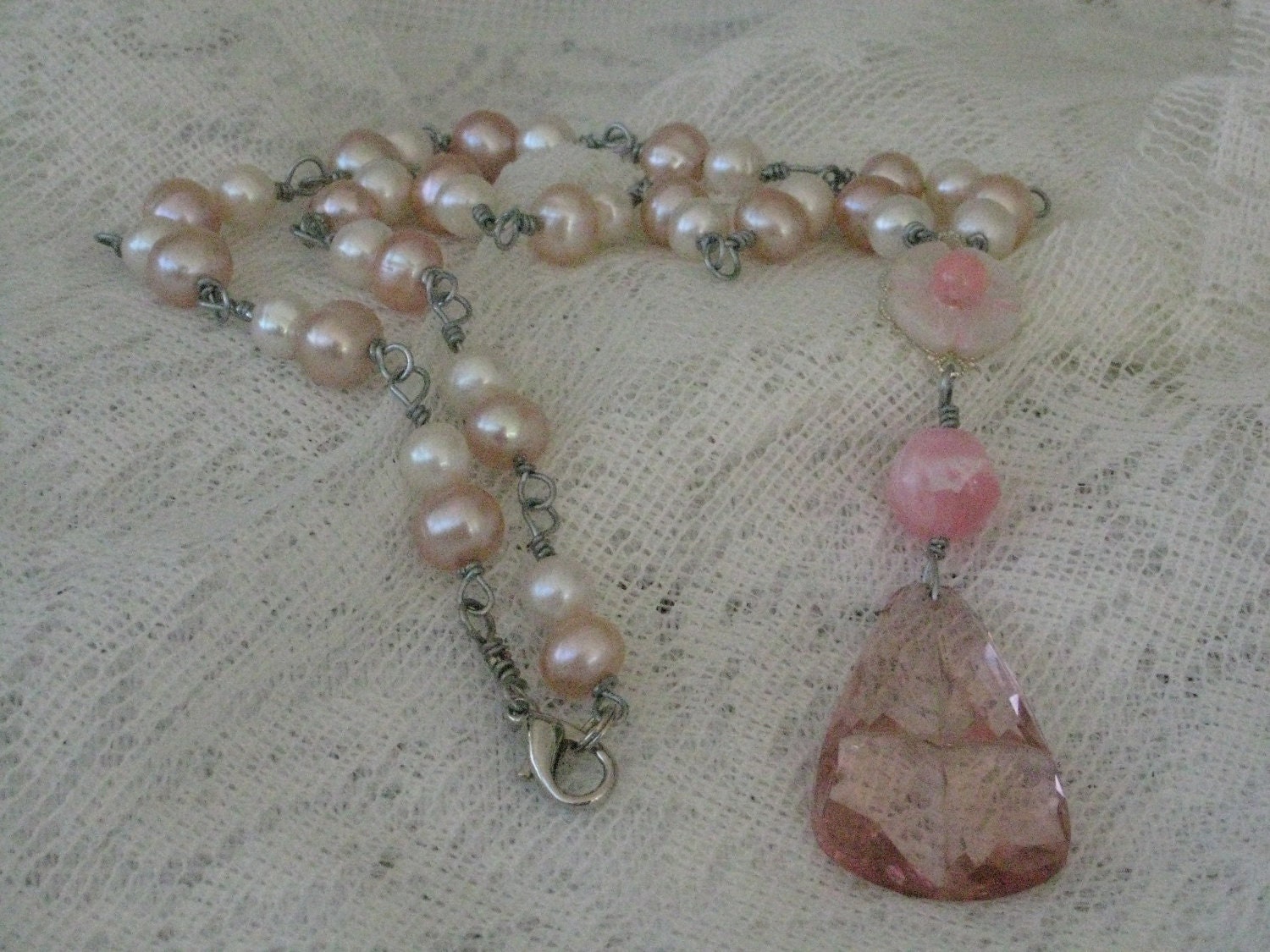 Glass Pendant Necklace, Vintage Pink Glass For Her