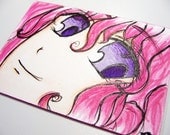 Original ACEO - Anime Manga Pink Hair Girl - OOAK ATC Glitter Illustration - Purple Eyes - Copic Markers - Sketch Card