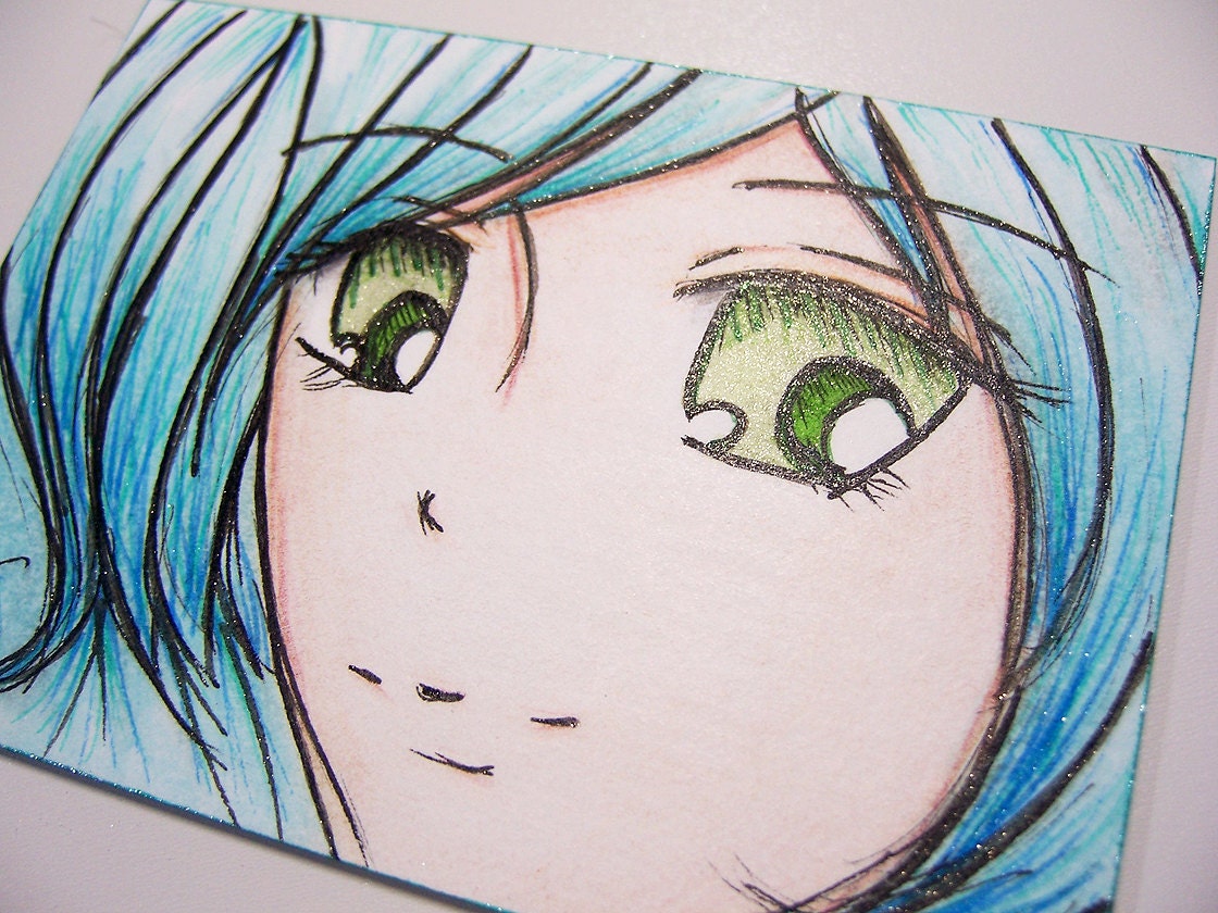 Original ACEO - Anime Manga Blue Hair Girl - OOAK ATC Glitter Illustration - Green Eyes - Copic Markers - Sketch Card