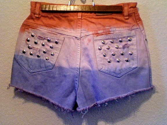 High Waisted Dyed Pink and Purple Studded Denim Shorts