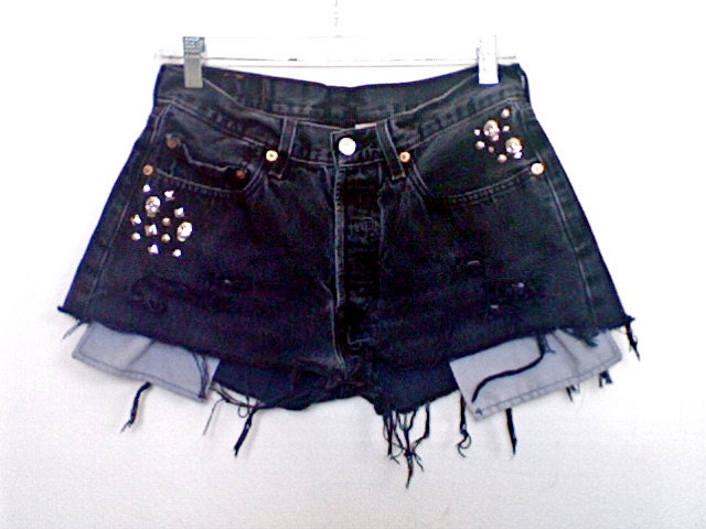 High Waisted Black Studded with Skulls Levi Strauss Denim Shorts