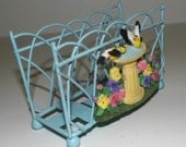 Vintage Blue Wire Napkin Holder and Basket with Birds
