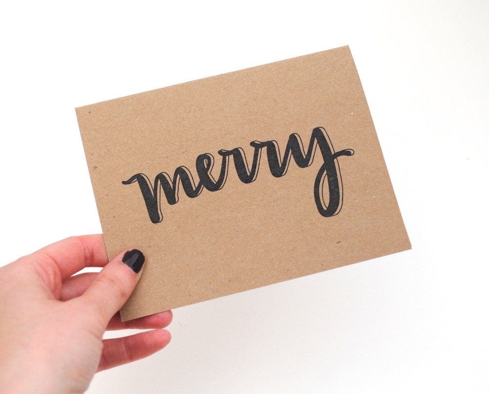 Simple Holiday Greeting, Merry Christmas, Modern Calligraphy, Black Ink on Brown Kraft, Hand-Lettered Design, Not Religious, Single, Print