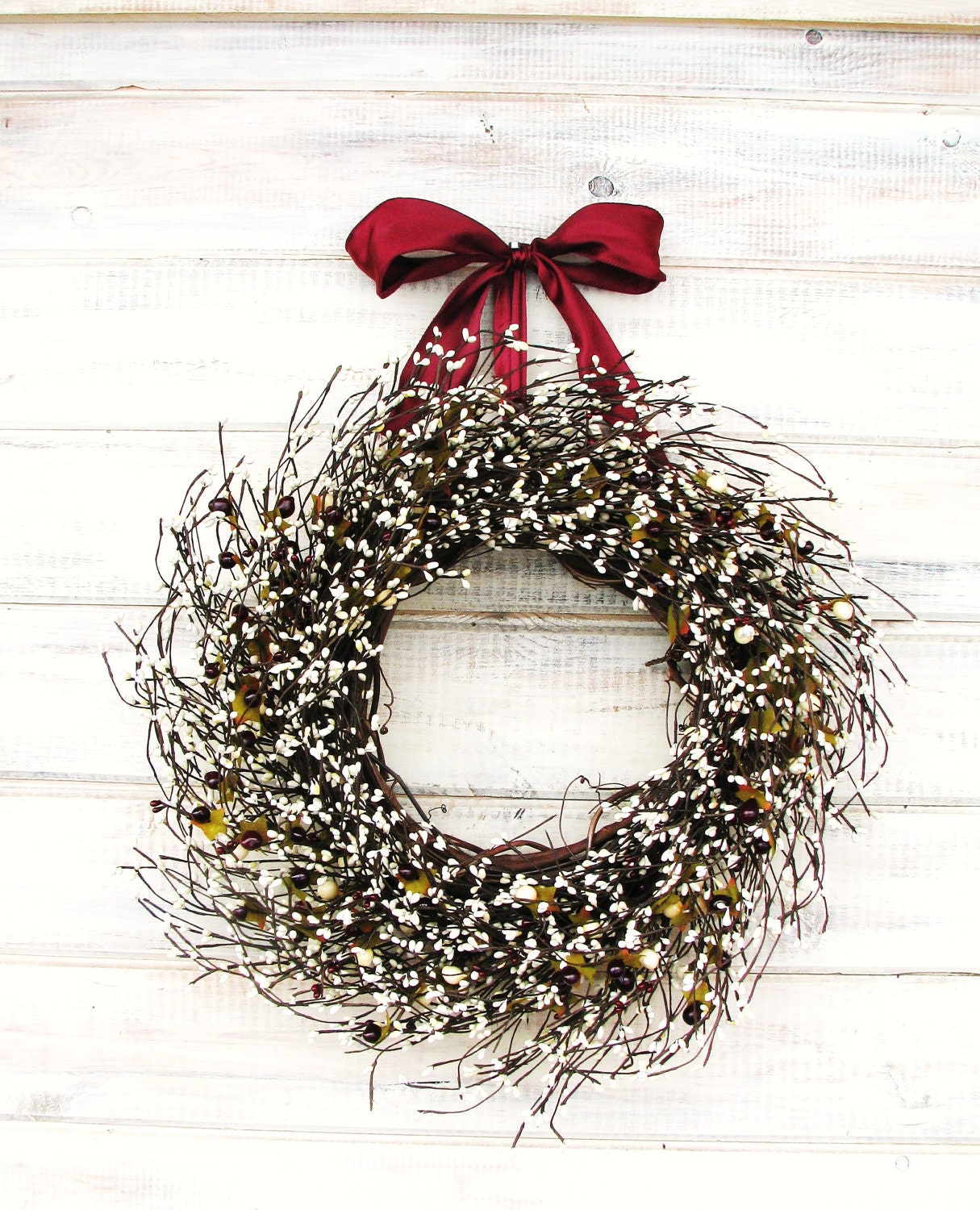 WHITE & CRANBERRY SUMMER Wreath-Year Round Door Wreath-Rustic Home Decor-Vintage Wedding Decor--Scented Cranberry-Choose Scent and Ribbon