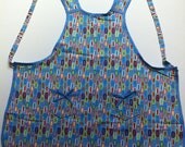 Ladies Blue Multi Full Apron w/ Ribboned Pockets (Size L)