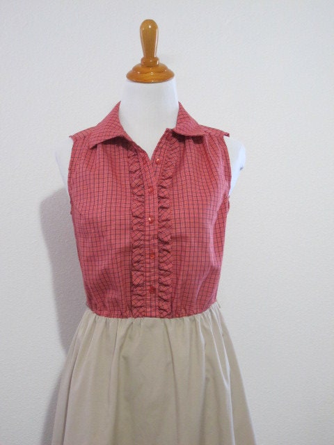 Vintage Red Plaid Ruffle & Khaki Sleeveless Dress