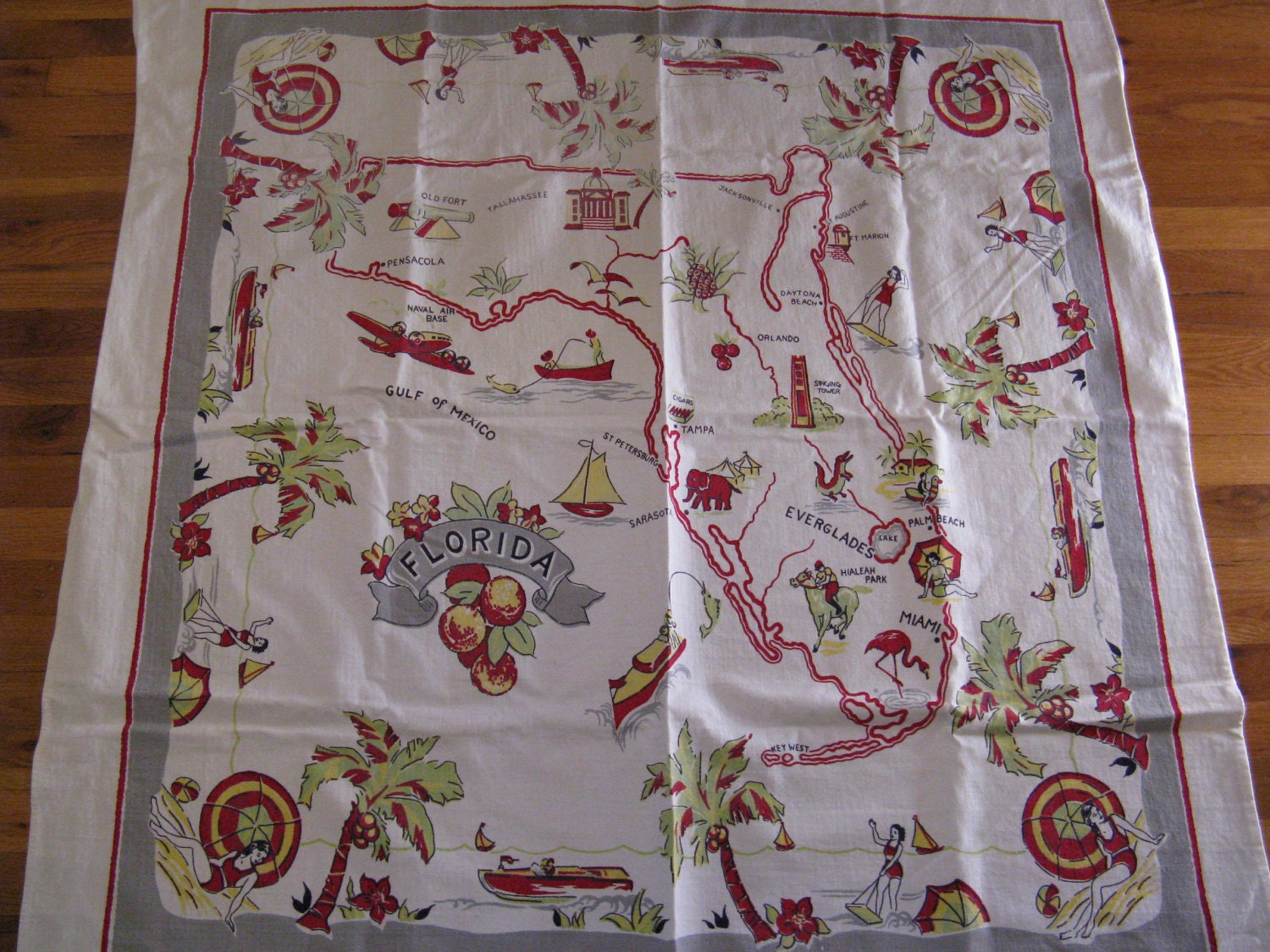 Vintage 1940s 1950s Table Cloth Cover Bridge Table Cover Shabby Chic Florida Kitsch
