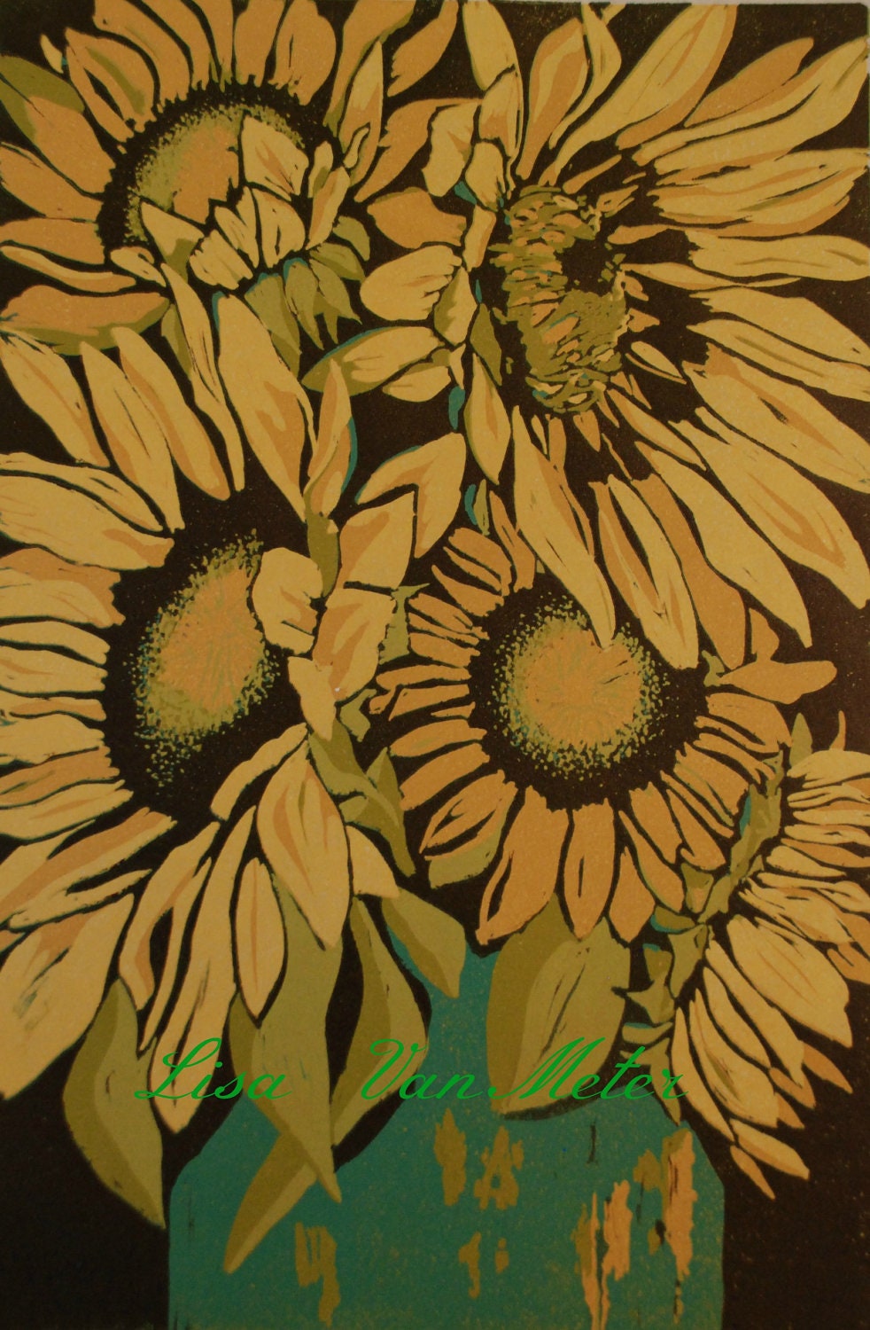 Sunflowers linocut relief print