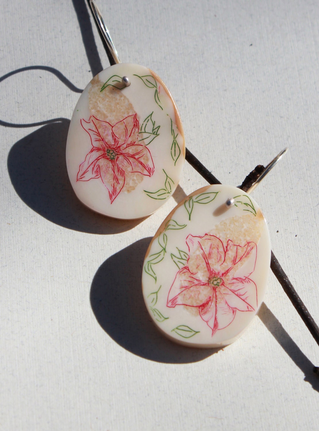 Red Hawaiian Flower Earrings-- Fossil Walrus Ivory -- -- Oval Scrimshaw