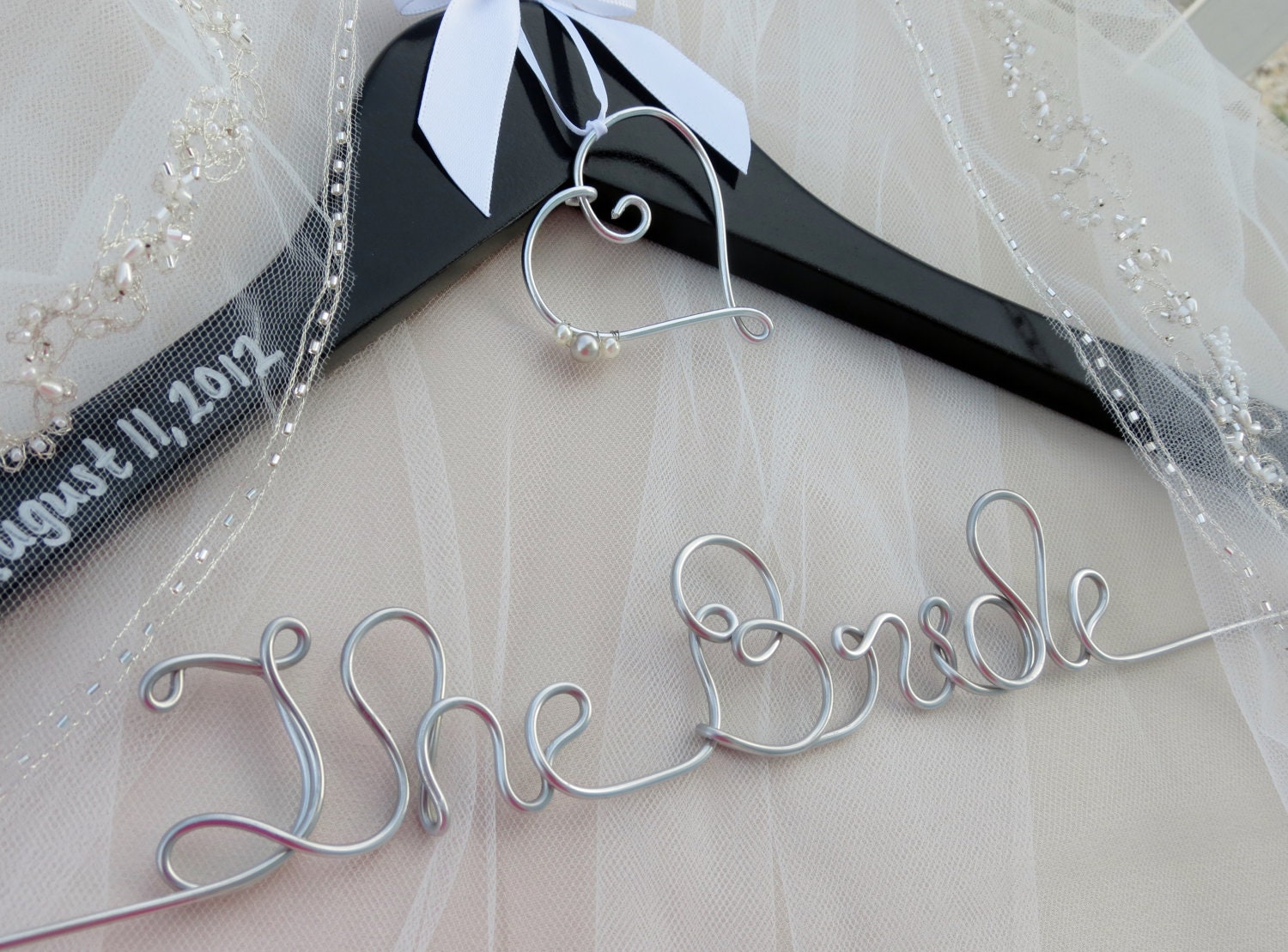 SALE Personalized Wedding Hanger BLACK with Monogram or Heart Charm and Ribbon, Custom Hanger, Name Hanger, Wedding Gift
