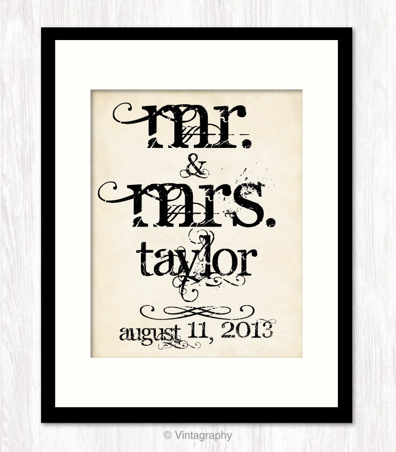 Custom Wedding Gift MR MRS Last Name Wedding Date Personalized Wedding Sign Vintage Art Print