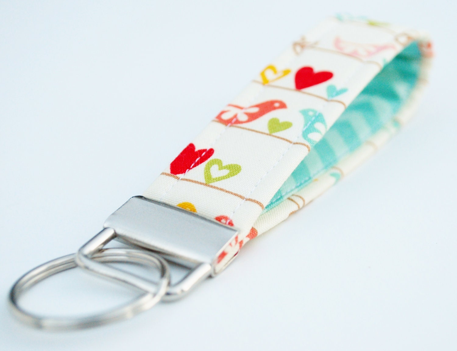 Handmade Key Chain, Fabric Key Fob, Key Strap -  Love Birds, Cream and Mint Chevron