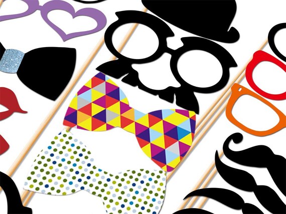 Best Wedding Photo Booth Prop - 20 Piece Set  - Mustache Glasses Lip Hat Bow Tie