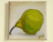 Kitchen art, Pear Fruit fine art, Pear 4x4, Miniature painting,  Impasto oil painting, palette knife, affordable art