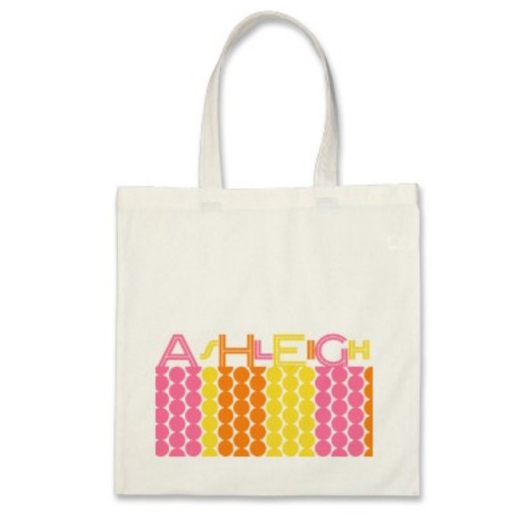 Girl Tote Bag or Party Favor - Personalized Fun Jumbo Dots with Name in Bubble Gum Pink/Country Yellow/Orange