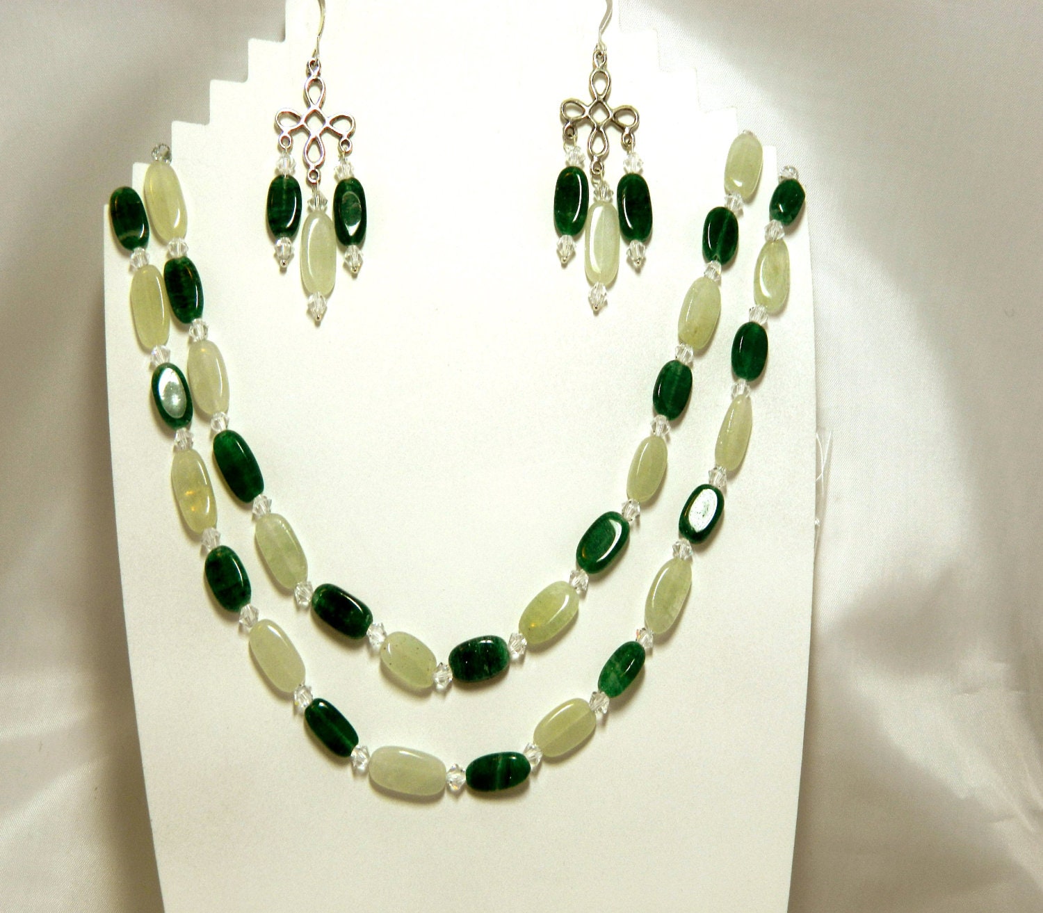 Emerald green aventurine, seafoam "new jade" and Swarovski crystal necklsce set.
