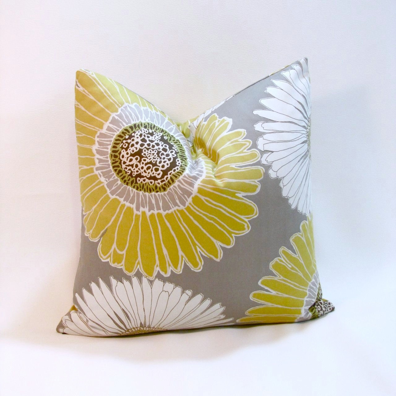 Summer Sunflowers Pillow Cover in White, Gray, Yellow / 18" Square with Invisible Zipper / Reversible