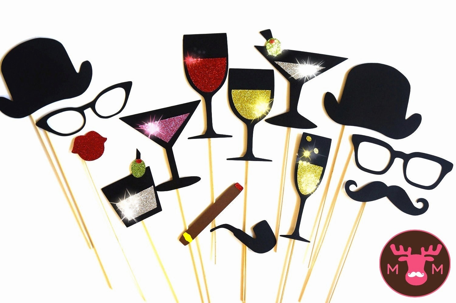 Sparkly Photobooth Props - The Celebration Collection - Set of 14 Photo Booth Props with GLITTER