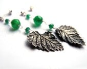 Silver metalwork earrings, hand made birch leaf, green Onyx, woodland romantic pagan, natural - NurrgulaJewellery