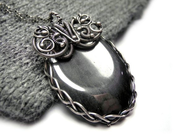 Wire wrapped silver pendant hand made necklace with titanium hematite stone, oval, gothic, victorian, luxury