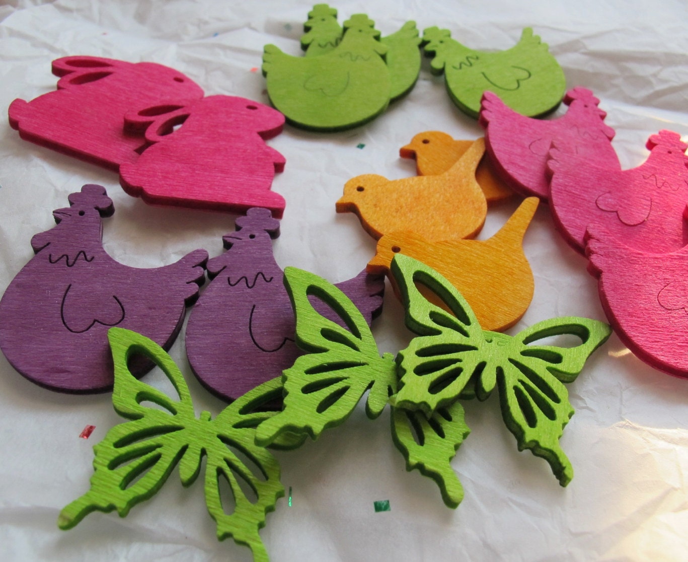 NEW ARRIVALS  Colorful animal wood cutouts (pick of 5) butterfly cutouts dove cutouts chicken rabbit