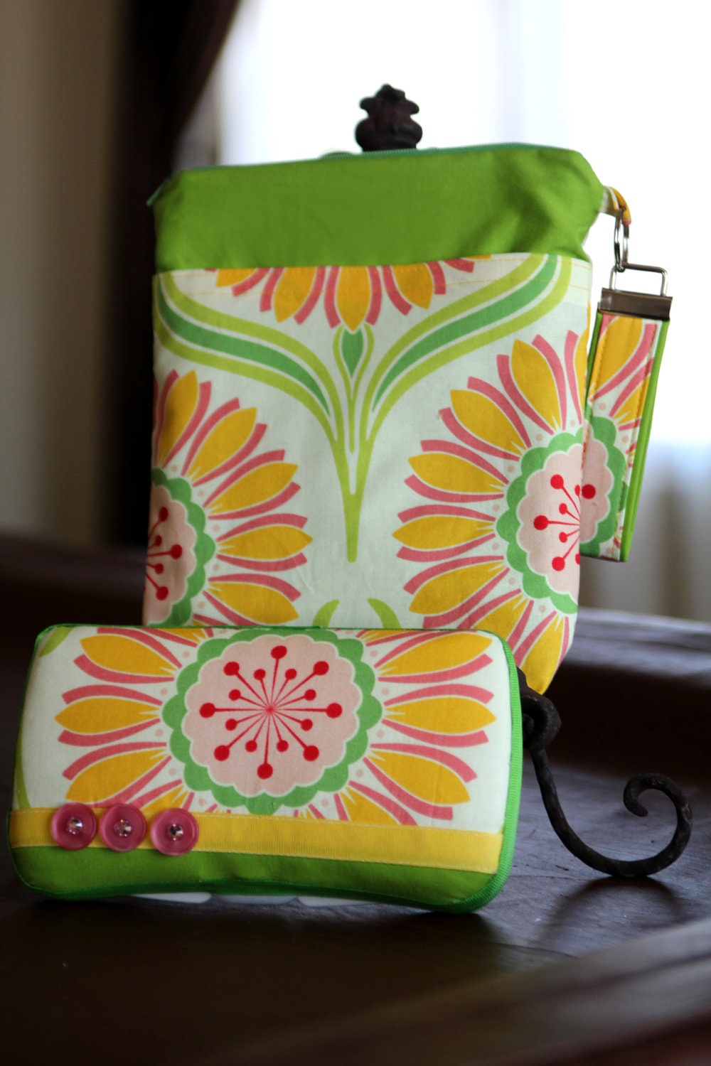 Travel Diaper Changing Set (Girl)  - WetBag & Wipes Case - Green, Yellow, Pink, and Cream