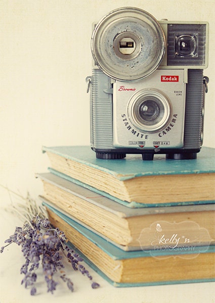 Vintage and Volumes- Vintage Camera and Books- Blue, Grey, Lavender- Cottage Chic- Still Life Photograph- Retro- 5x7 Fine Art Print