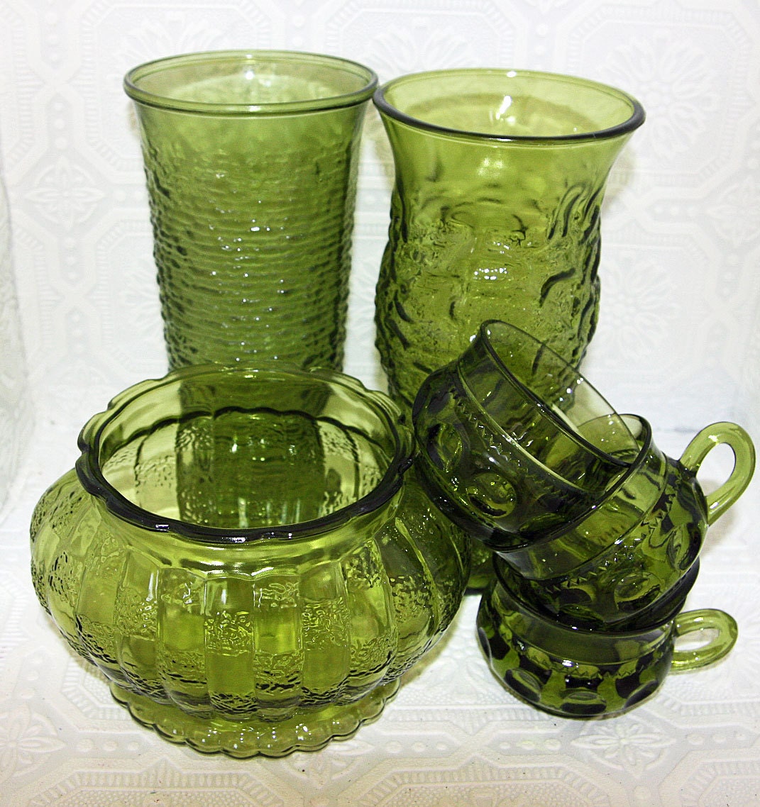 Vintage Olive Green Glass Set