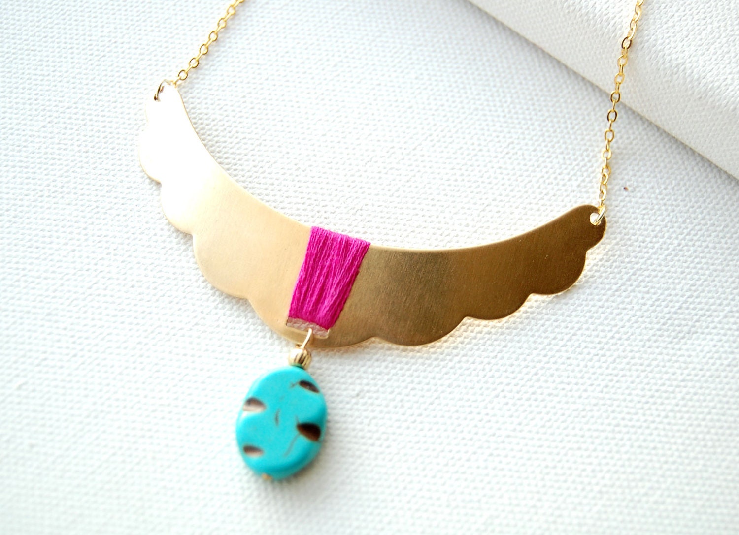Scalloped Bib // Collar necklace // Neon pink thread // Spottted Turquoise nugget // Bright statement jewellery