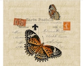 Orange butterflies Paris carte postale stamps digital download image for fabric transfer decoupage paper burlap pillows No. 496