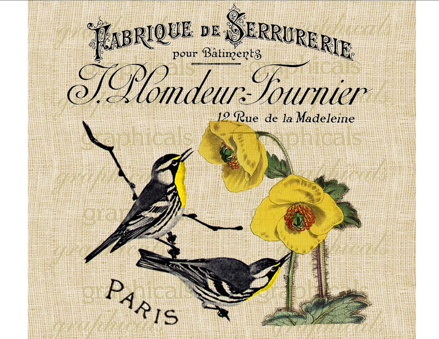 Vintage Paris black yellow birds French ephemera digital download image for fabric transfer burlap decoupage paper pillows tote bags No. 592