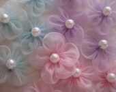 Assorted Pink, Baby Blue, Lilac Organza Flower with Faux Pearl Appliques for Sewing, Dolls' Clothing, Girl Dresses - 12 pics, 1 inch/25mm