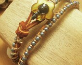 Spring Sale Beaded Leather And Mother of Pearl Flower Wrap Bracelet