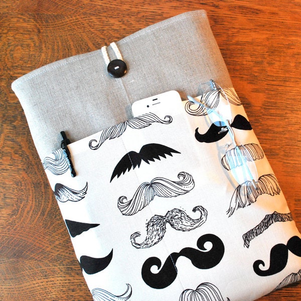 13 inch laptop Macbook Mac book Pro or Macbook Air Cover Padded Case Sleeve - Linen with Mustache Fabric Pocket