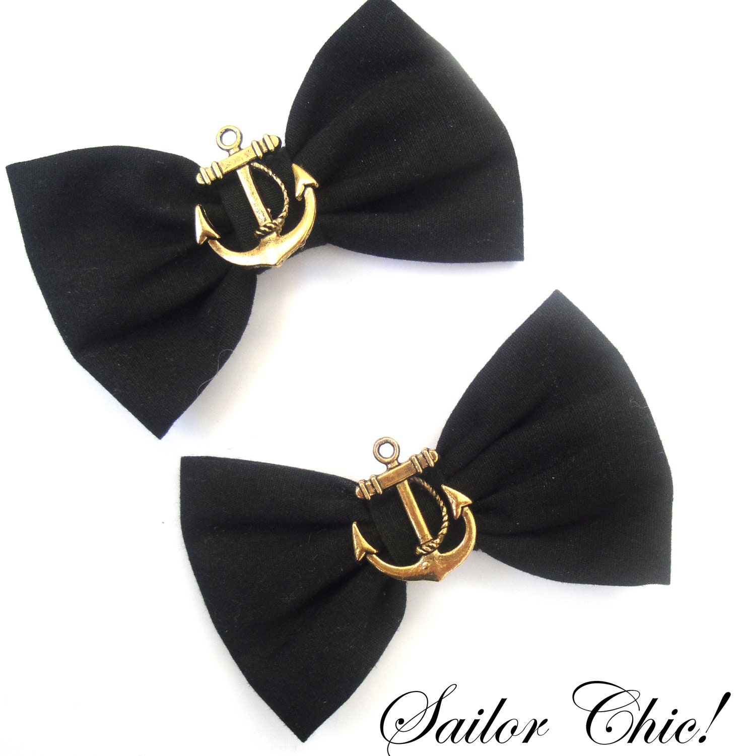 Black with Anchors 3" Rockabilly Hair Bows on clips Double Bows Nautical Sailor