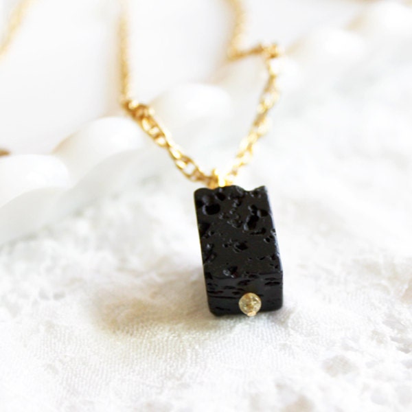 LAVA - Lava rock necklace // stone pendant // everyday // minimalist // gold plated brass // black gold// citrine gemstone bead