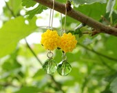 Yellow Earrings Chrysanthemum Flower with Green Crystal Bead BEST Bridesmaid Gift