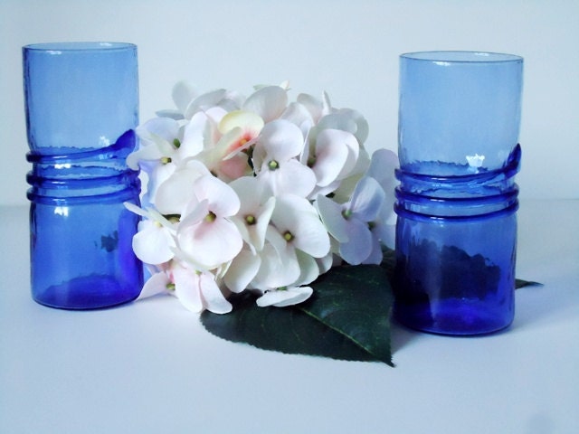 Blenko Hand Made Cobalt Glass Drink Tumblers - Snake Glass Tumblers - Cobalt Glass Drink Glasses