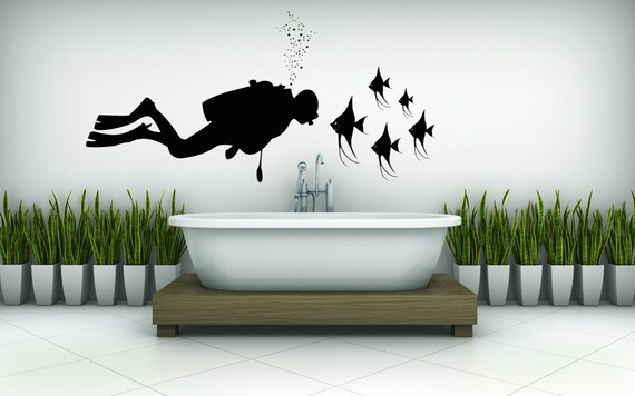 Scuba Diver with Angel Fish - Decal, Vinyl, Sticker, Wall, Home, Office, Dorm Decor