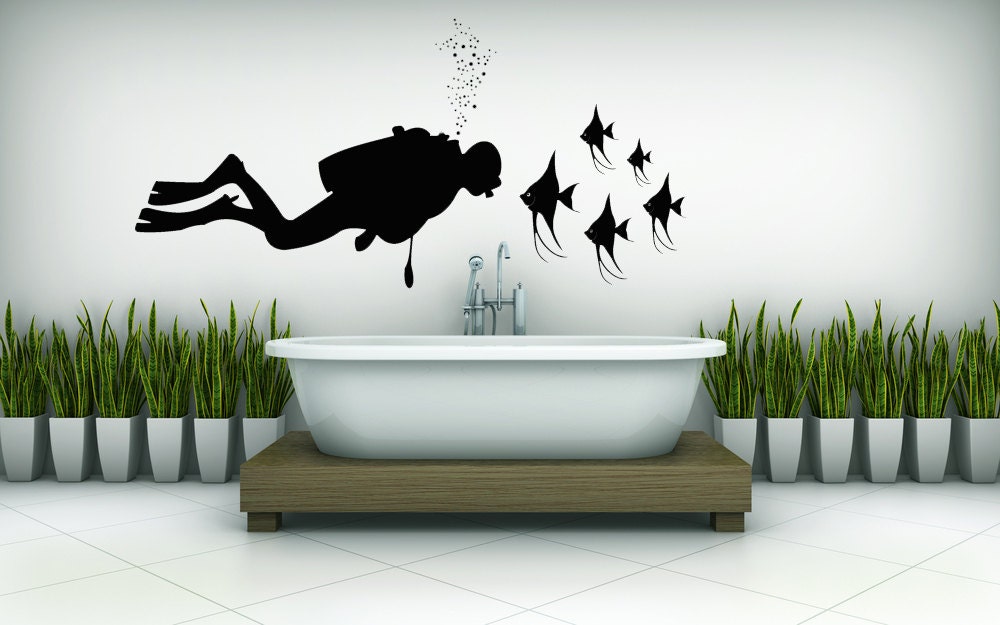 Scuba Diver with Angel Fish - Decal, Vinyl, Sticker, Wall, Home, Office, Dorm Decor