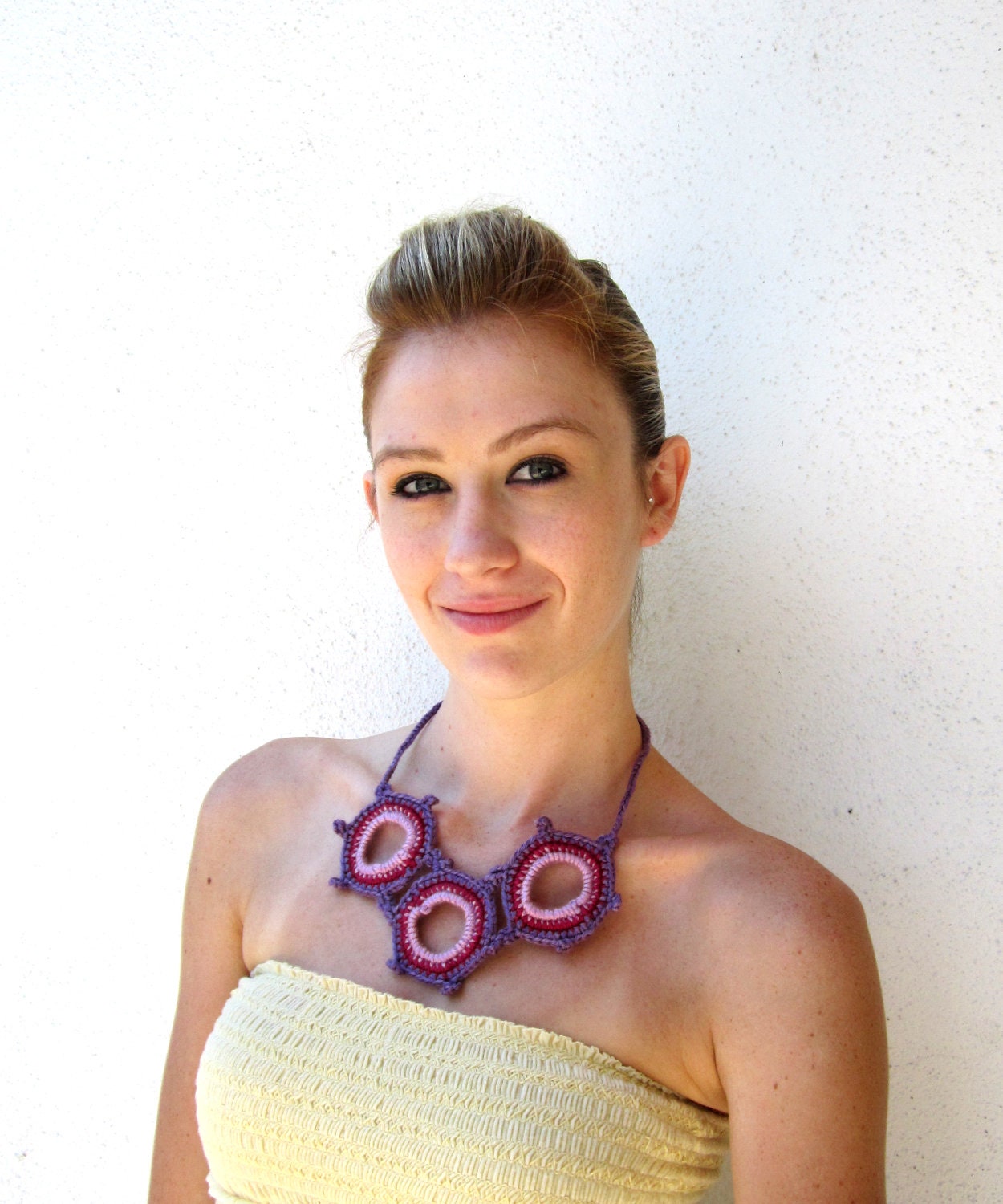 crochet necklace circle multi colored purple bubble collar