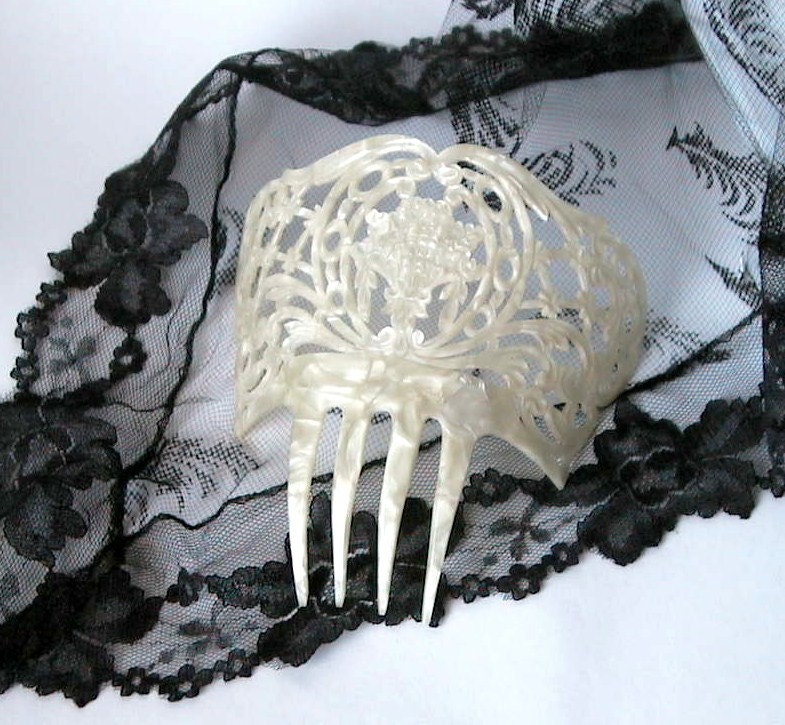 Antique Vintage Wedding Faux Mother of Pearl Mantilla Peineta Hair Comb Tiara from Spain