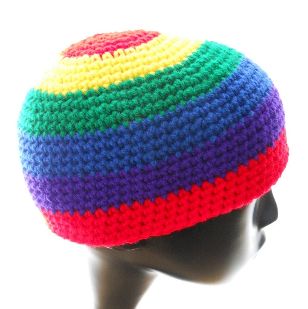 Crochet beanie hat, 1970s-inspired rainbow-striped beanie, vegan hat, colorful hat