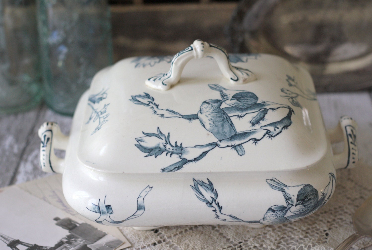 RARE - Antique French Terre de Fer (Ironstone) Covered Casserole Dish - Birds/Floral - circa 1890's