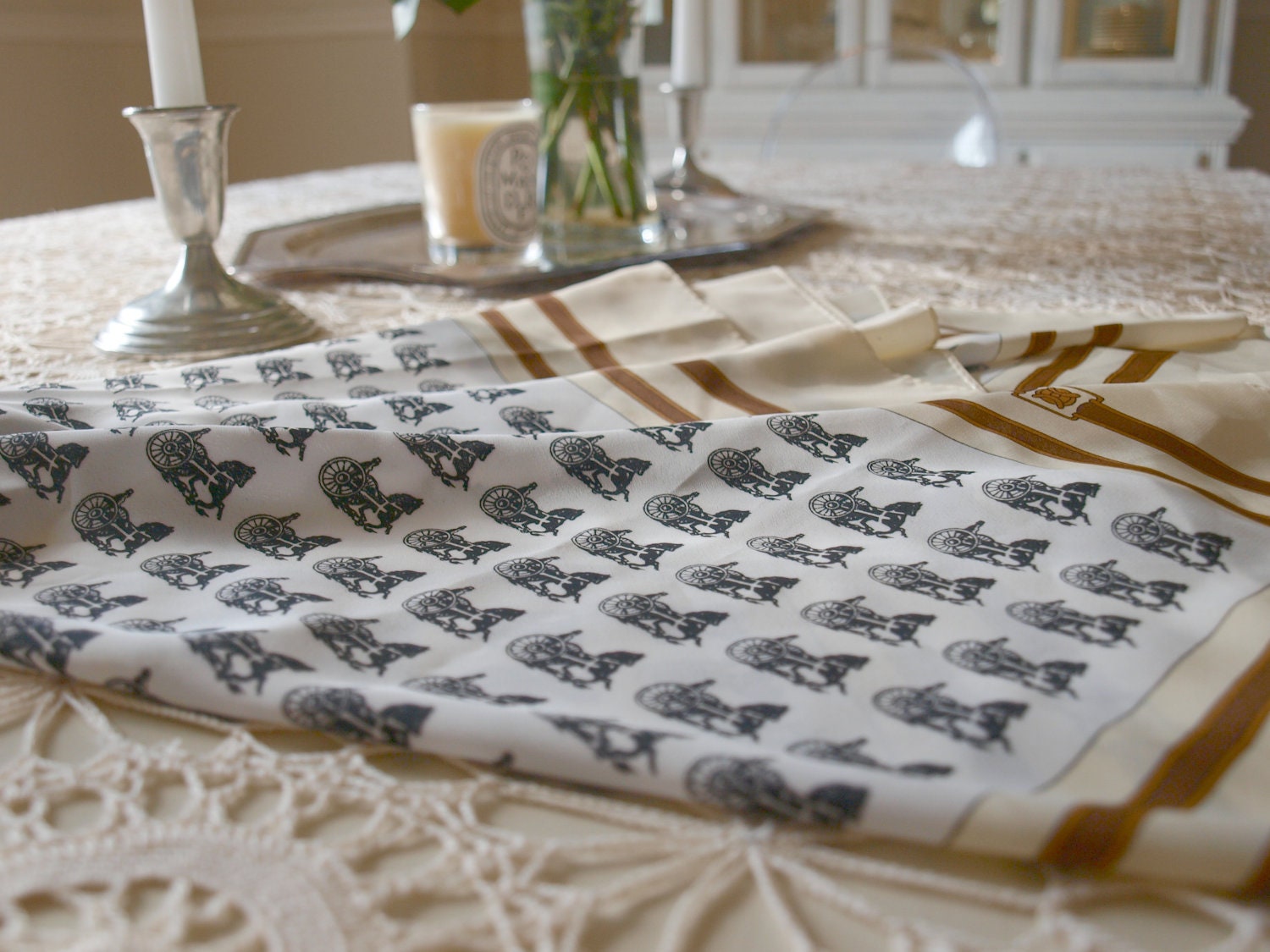 SALE. Large Hermes Style Silk Scarf With Equestrian Motif