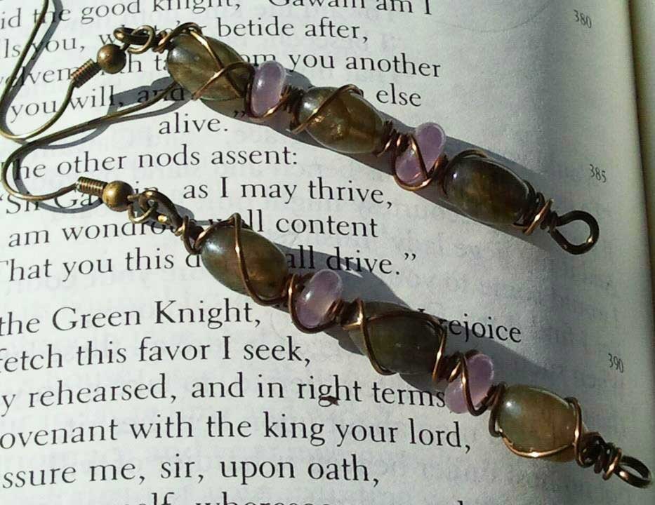 Astolat - wire wrapped vintage upcycled glass and labradorite dangle earrings